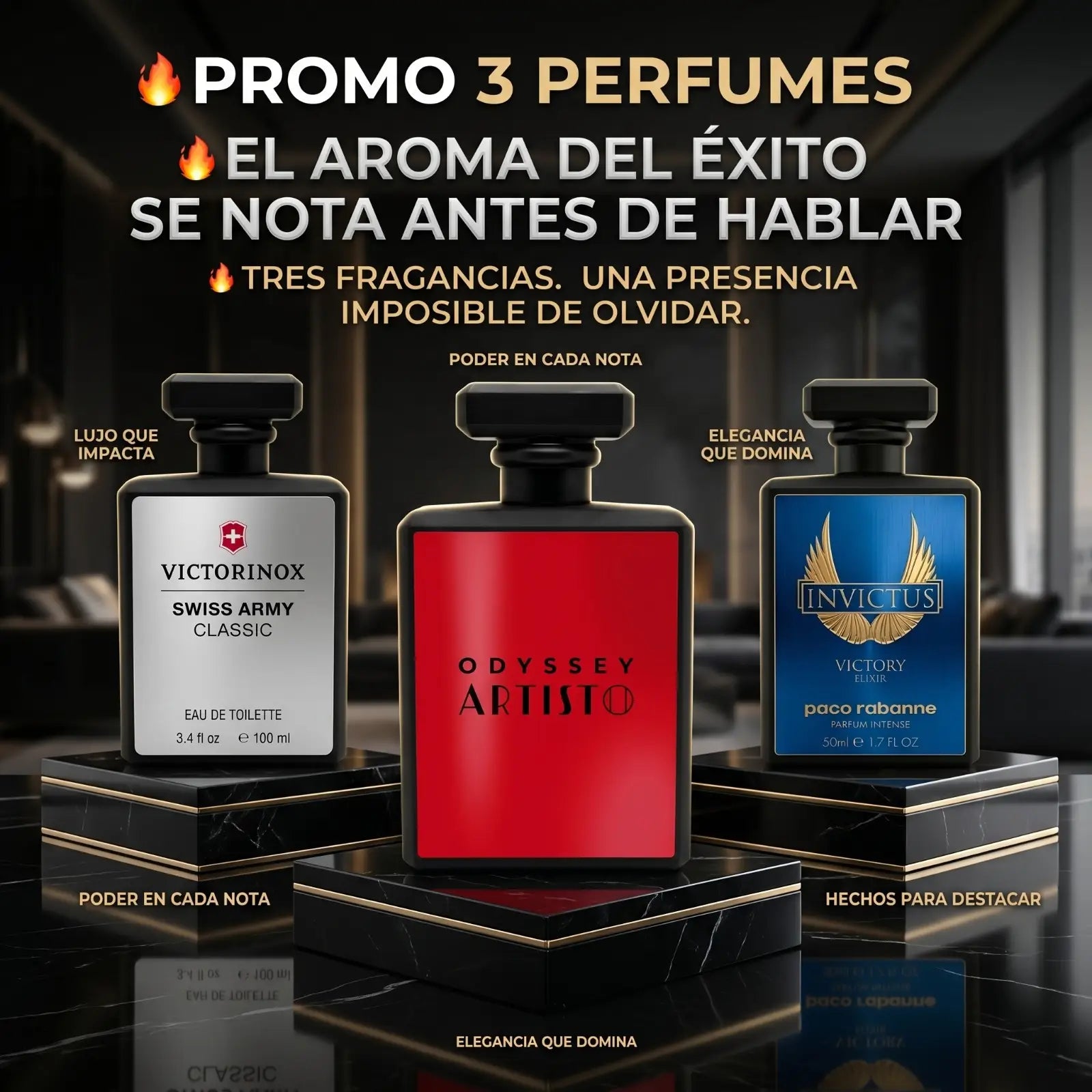 COMBO 3 PERFUMES DE HOMBRE VICTORINOX SWISS ARMY,ODYSSEY ARTISTOINVICTUS VICTORY REFM4