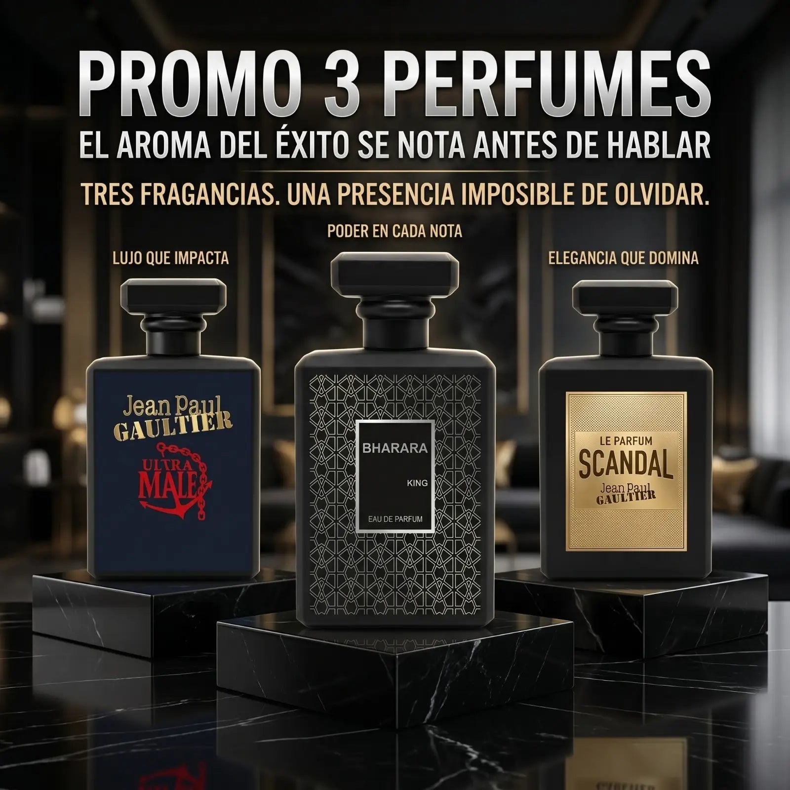 COMBO PERFUMES DE HOMBRE SCANDAL,JEANPAUL, BAHARA KING REFM3