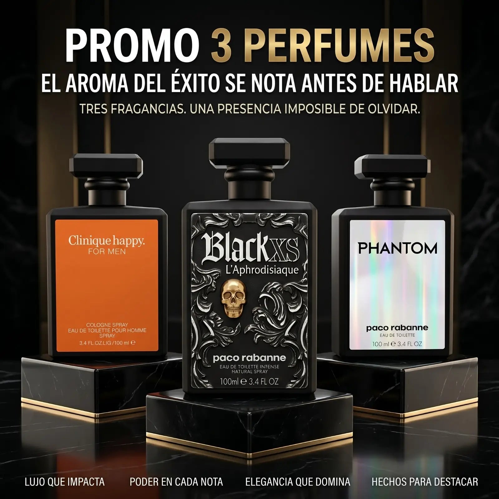 COMBO PERFUME 3 DE HOMBRE BLACK XS, PHANTON,CLINIQUE HAPPY REFM2